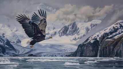 Graceful Flight: Bald Eagle Soaring Above Icy Bay 