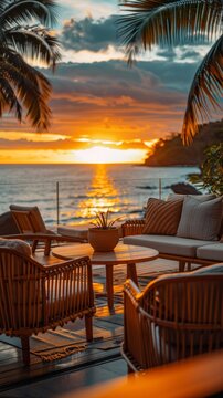 Captivating sunset view from a luxurious beachside restaurant setting, inviting relaxation and tranquility