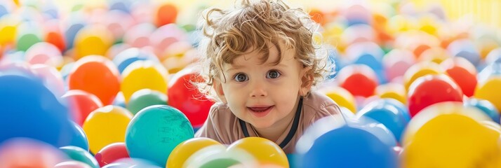 Balls pool, child playing in ball pit, colorful toys for kids in kindergarten or preschool play room