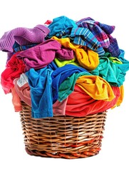 Full Laundry Basket Filled with Assorted Colorful Wear and Textiles isolated on White