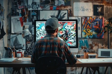 Obraz premium A creative artist is intently focusing on designing vibrant digital graffiti artwork in a modern studio