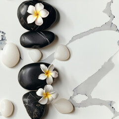 Seamless pattern of plumeria flowers, white pebbles and black spa stones on white marble surface