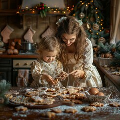 Family cooking Christmas dessert together, mother with children making Christmas cookies in kitchen