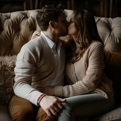 Couple kissing and hugging on sofa, valentine's day celebration, romantic relationship, happy man and woman