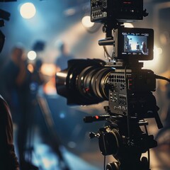 Behind-the-scenes look at a film production camera recording actors with studio lighting and crew