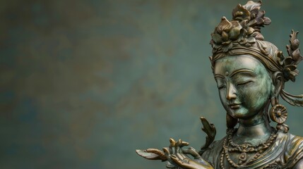 Green Tara. Bronze Figurine of Bodhisattva Green Tara with Copyspace on Artistic Green Background.
