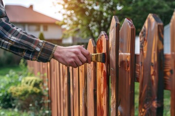 Man painting wood stain at timber plank in garden. Hand with brush closeup, paint protective varnish