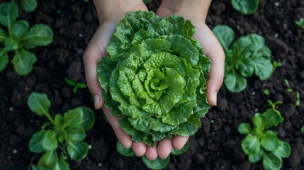 Garden ground with loose soft earth and big green lettuce in hands from above