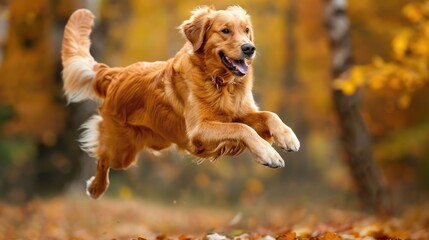 Golden Retriever in Mid-Air: Capturing the Beauty of a Cute Canine Running with Domestic Friends