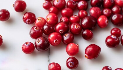 macro shot of scattered cranberries on white marble table top view