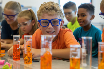 In a bright classroom, a diverse group of elementary students, science experiment featuring vibrant orange liquids in beakers, with a joyful young boy in prominently in the foreground.