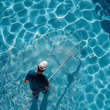 Pool maintenance, swimming pool cleaner, man in blue shirt with cleaning equipment, hotel service
