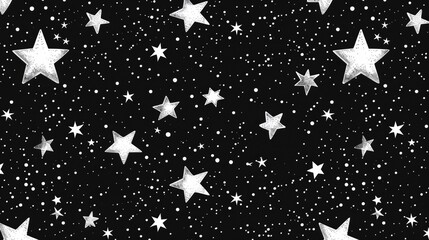 Starry black and white seamless pattern - hand-drawn line space digital paper for textiles, scrapbooking, wrapping paper.