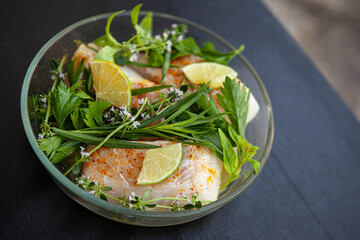 Healthy food in a glass bowl