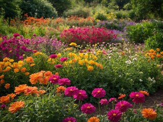 Obraz premium Vibrant array of flowers in full bloom fills frame, creating breathtaking tapestry of colors. Foreground dominated by large, showy zinnias in shades of pink, orange, yellow.