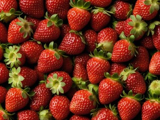 Large group of ripe strawberries piled together, creating vibrant, textured display. Strawberries mostly red, with few hints of white, green near tops, where stems, leaves still attached.