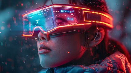 Future costume with girl in virtual reality glasses touching the air. Augmented reality game, technology in the future, AI concept. Neon blue and red light. Dark background.