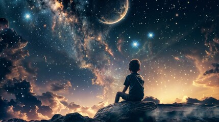 Young boy contemplating the universe on a moonlit night, surrounded by stars and cosmic clouds, International Children's Day
