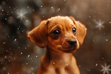 Cute Chiweenie Puppy with Snowflake Background. Studio Photo of Adorable Canine Pet - obrazy, fototapety, plakaty
