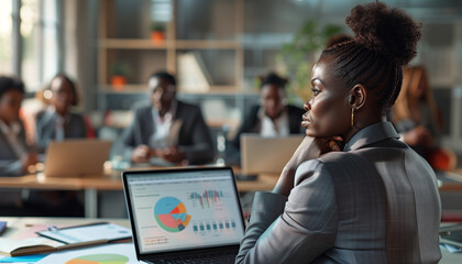 of an African businesswoman pausing to think while looking at data on her laptop screen, her team actively engaged in a project discussion in the background, creating a scene of co