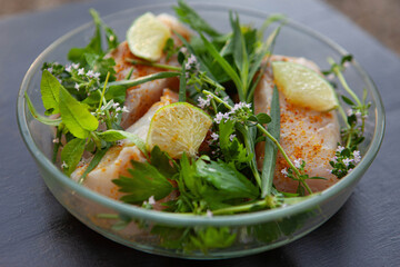 Healthy food in a glass bowl