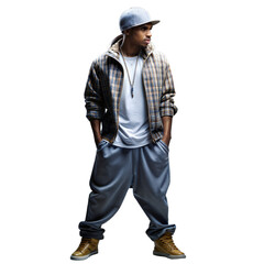 Young Man Dressed in Streetwear Style Standing Confidently Against a Transparent Background