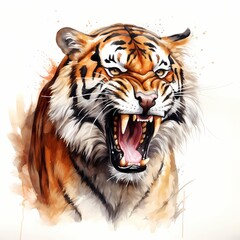 Angry tiger. Bengal tiger. Big wild cat clipart. Watercolor illustration. Generative AI. Detailed illustration.