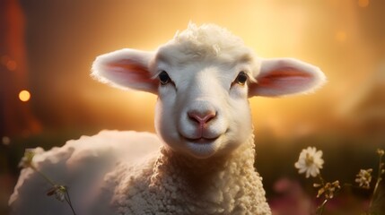 Obraz premium Close-up portrait of a white sheep looking at the camera on a farm