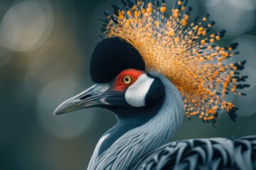 Fototapeta premium Close-Up of East African Crowned Crane: Majestic Bird with Crown-Like Feathers and Grey Plumage