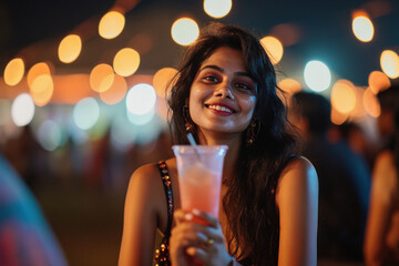 Young beautiful woman sitting in the concert and holding soft drink glass in hand