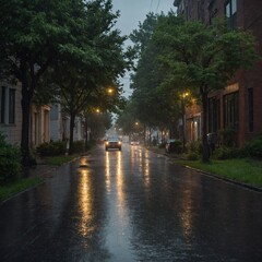 Dark car drives down street in rain. Headlights illuminate wet pavement, reflecting streetlights. Brick buildings, leafy green trees line street, which empty except for car.