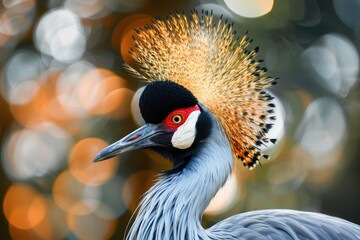 Fototapeta premium Close-up of East African Crowned Crane's Grey Feathers and Beak - A Majestic Wildlife Creature
