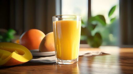 Fototapeta premium A glass of fresh orange juice and fruits on a wooden table in the room, closeup