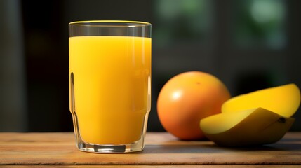 A glass of fresh orange juice and fruits on a wooden table in the room, closeup
