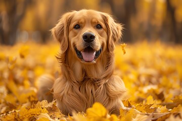 Golden retriever in yellow autumn leaves, playful, eyelevel, heartwarming