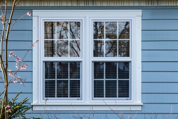 Elegant Double Hung Window with Vinyl Siding and White Grilles Dividing Sash - Perfect for Colonial