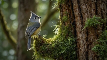 Small bird perches on mossy branch protruding from large tree trunk. Bird has distinctive pointed crest, gray upperparts, yellow belly. Its tail feathers long, slender, its dark eyes alert.