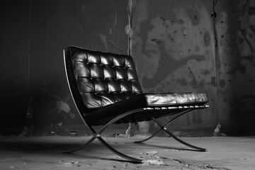 Classic Barcelona Chair in Black Leather. Boss Armchair with Retro Background for Comfortable
