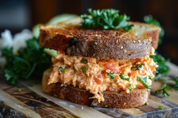 Delicious Homemade Pimento Cheese Sandwich with Cheddar, Colby, and Fresh Grated Cheese on Bread