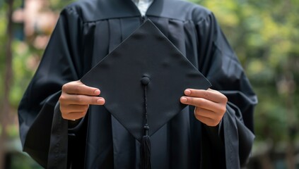A person wearing black robes and holding their graduation cap in front, symbolizing the achievement standing outdoors against a blurred background Generative AI