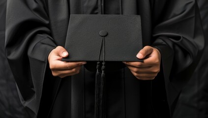 A person wearing a black graduation gown holding the cap in front of them in a closeup photo with space for copy in the style of concept Generative AI