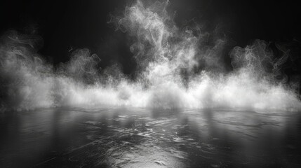 An abstract image of dark room concrete floor. Black background for product placement. Panorama of white fog moving over a black background...