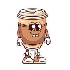 Groovy hot coffee cup cartoon character with funky smile. Funny retro paper takeaway coffee in disposable container, takeaway drink mascot, cartoon sticker of 70s 80s style vector illustration