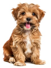 Adorable Red Havanese Puppy sitting Frontal with a Happy Tongue Out - Cute Pet Dog Isolated