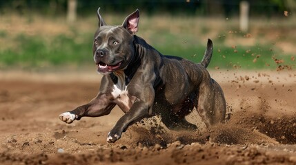 Brindle American Pit Bull Terrier dog running AKC FastCAT lure course sport in the dirt on a sunny summer day