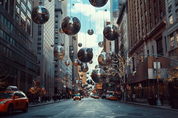 Shiny ornaments hanging above a city street, creating a festive atmosphere