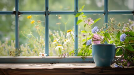 Blue Coffee Cup and Wildflowers on Windowsill