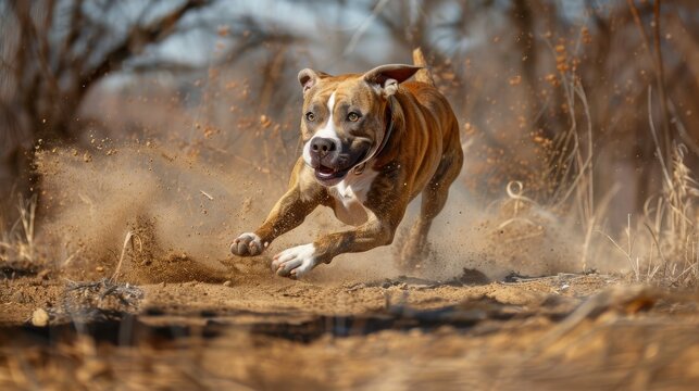 Brindle American Pit Bull Terrier dog running AKC FastCAT lure course sport in the dirt on a sunny summer day