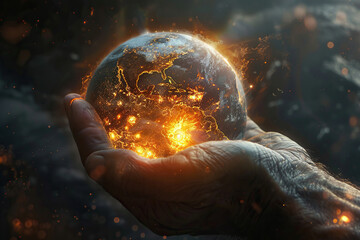 A hand holds the planet earth, shrouded in fire, on a dark background. Global catastrophe concept. Generated by artificial intelligence