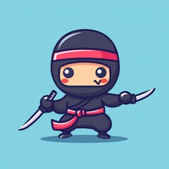 Cute Sushi Logo, Ninja Holding Sword Katana Cartoon, Japanese Food Icon, Cartoon Minimal Ninja